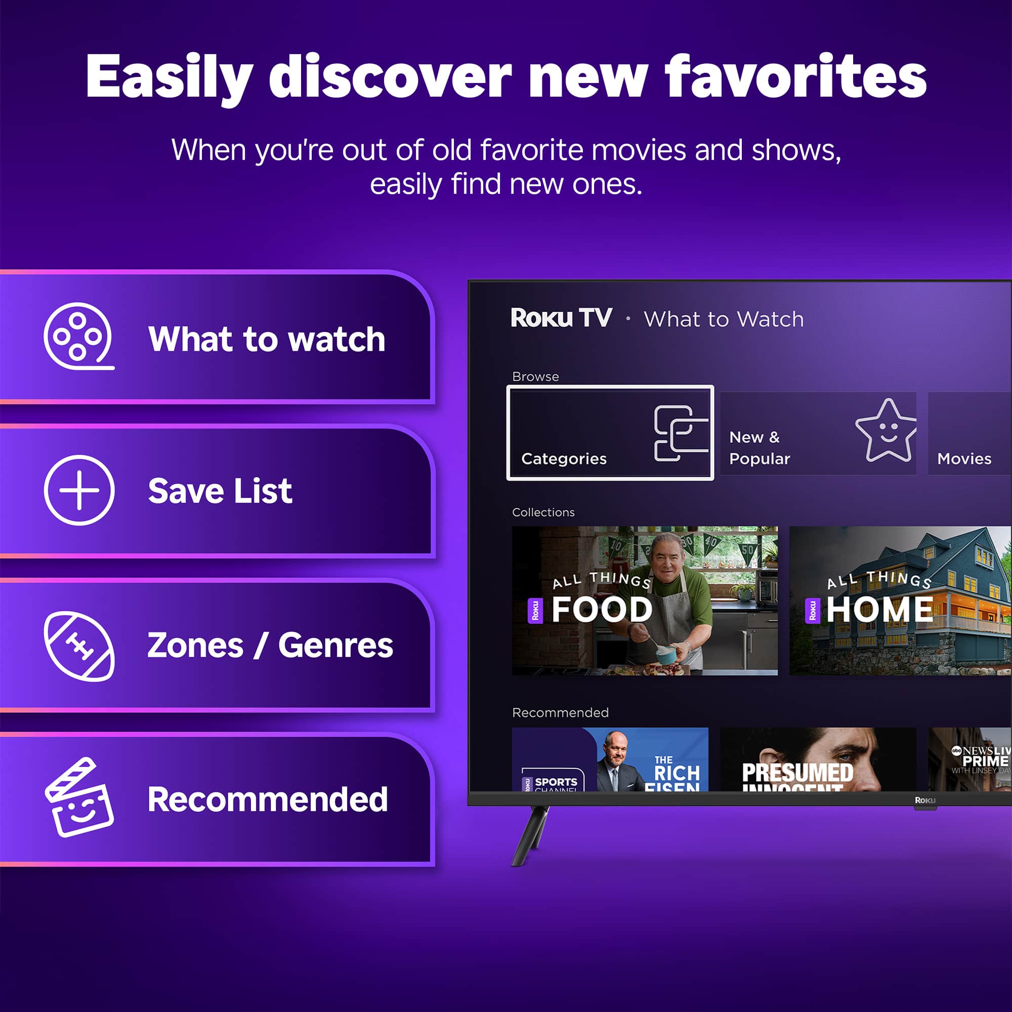Easily discover new favorites: When you're out of old favorite movies and shows, easily find new ones.
What to watch: Roku TV
What to Watch: Browse + Save List
Categories: Collections
New & Popular Movies
Zones/Genres: ALL THINGS I FOOD
ALL THINGS I HOME
Recommended: Recommended SPORTS | THE RICH PRESUMED CISCN NEWSEN PRIME W WOELPOES Boods