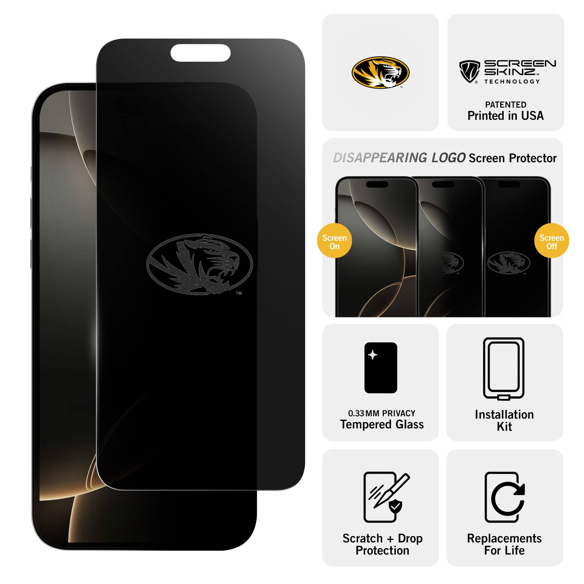 SCREEN SKINZ 1 TECHNOLOGY  
PATENTED Printed in USA  
DISAPPEARING LOGO Screen Protector  
Screen On  
Screen Off  
TM  
0.33MM PRIVACY Tempered Glass  
Installation Kit  
Scratch + Drop Protection  
Replacements For Life