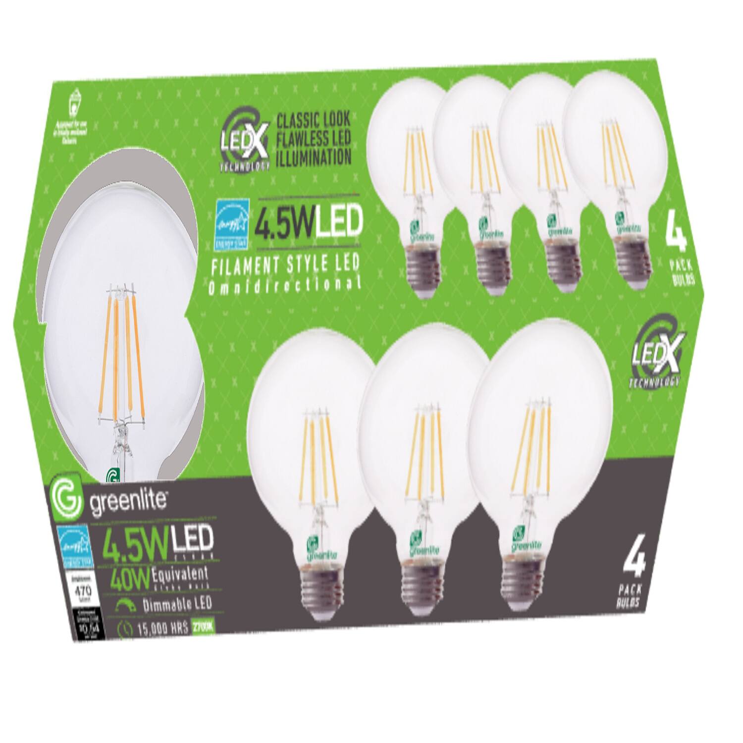 CLASSIC LOOK  
FLAWLESS LED TECHNOLOGY  
ILLUMINATION  
4.5W LED  
FILAMENT STYLE  
Omnidirectional  

4 BULBS  
LEEX TECHNOLOGY  

greenlite  
4.5W LED  
40W Equivalent  
470 Dimmable LED  
LEO  
10M  
15,000 HRS  

4 PACK BULBS