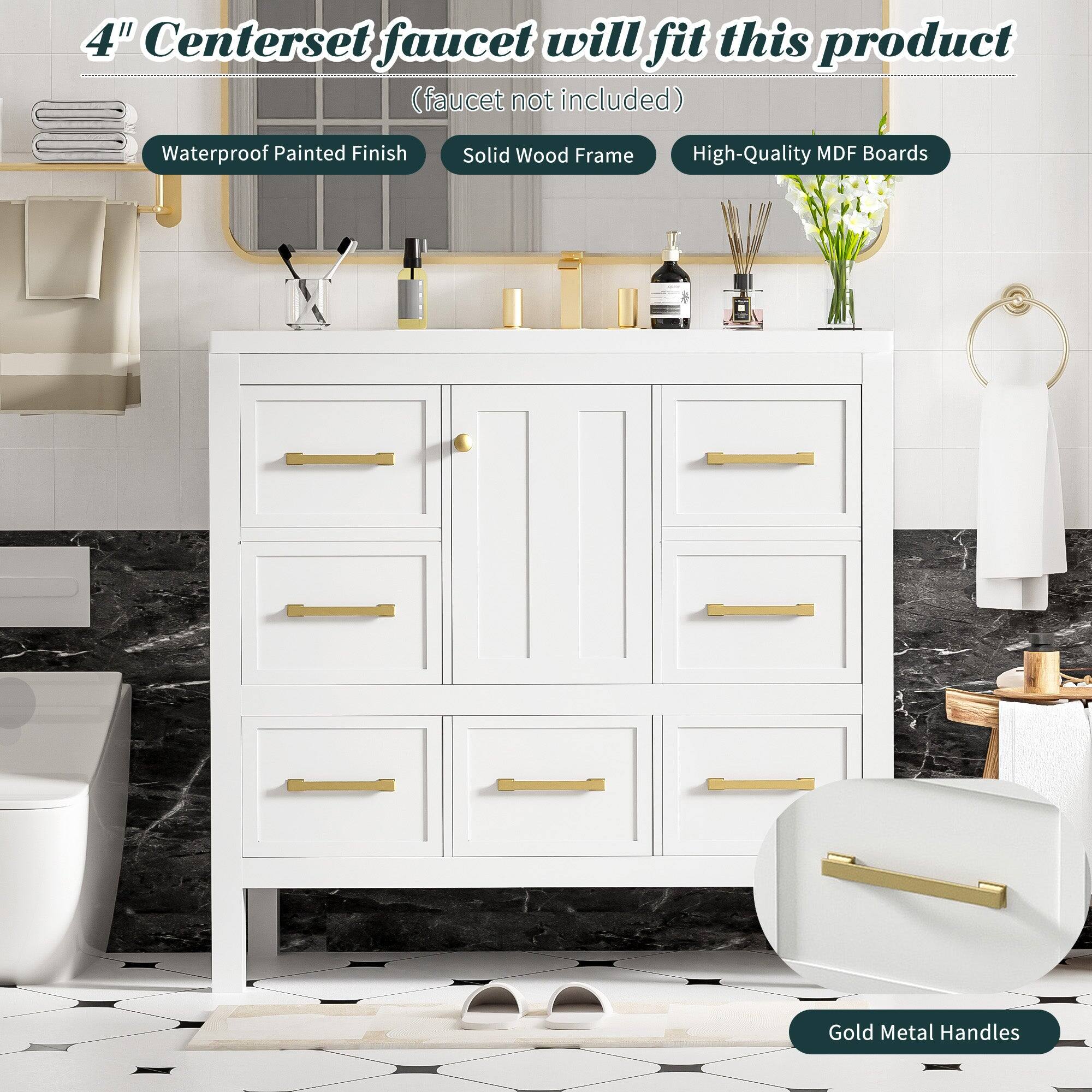 4" Centerset faucet will fit this product (faucet not included)

- Waterproof Painted Finish
- Solid Wood Frame
- High-Quality MDF Boards
- Gold Metal Handles