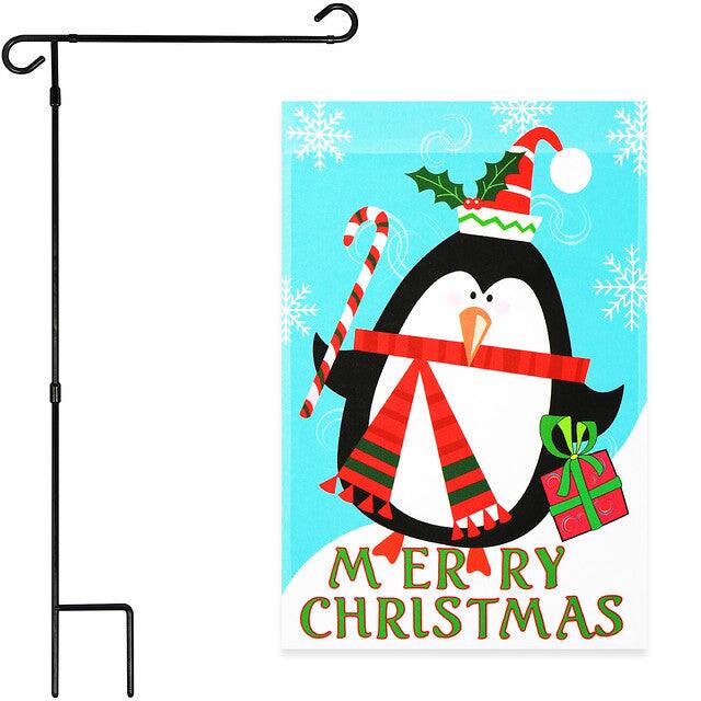Front. G128 - Deluxe Garden Flag Set — 36 x 16 in Stand with 12 x 18 in Merry Xms Penguin Flag - Assorted Colors.
