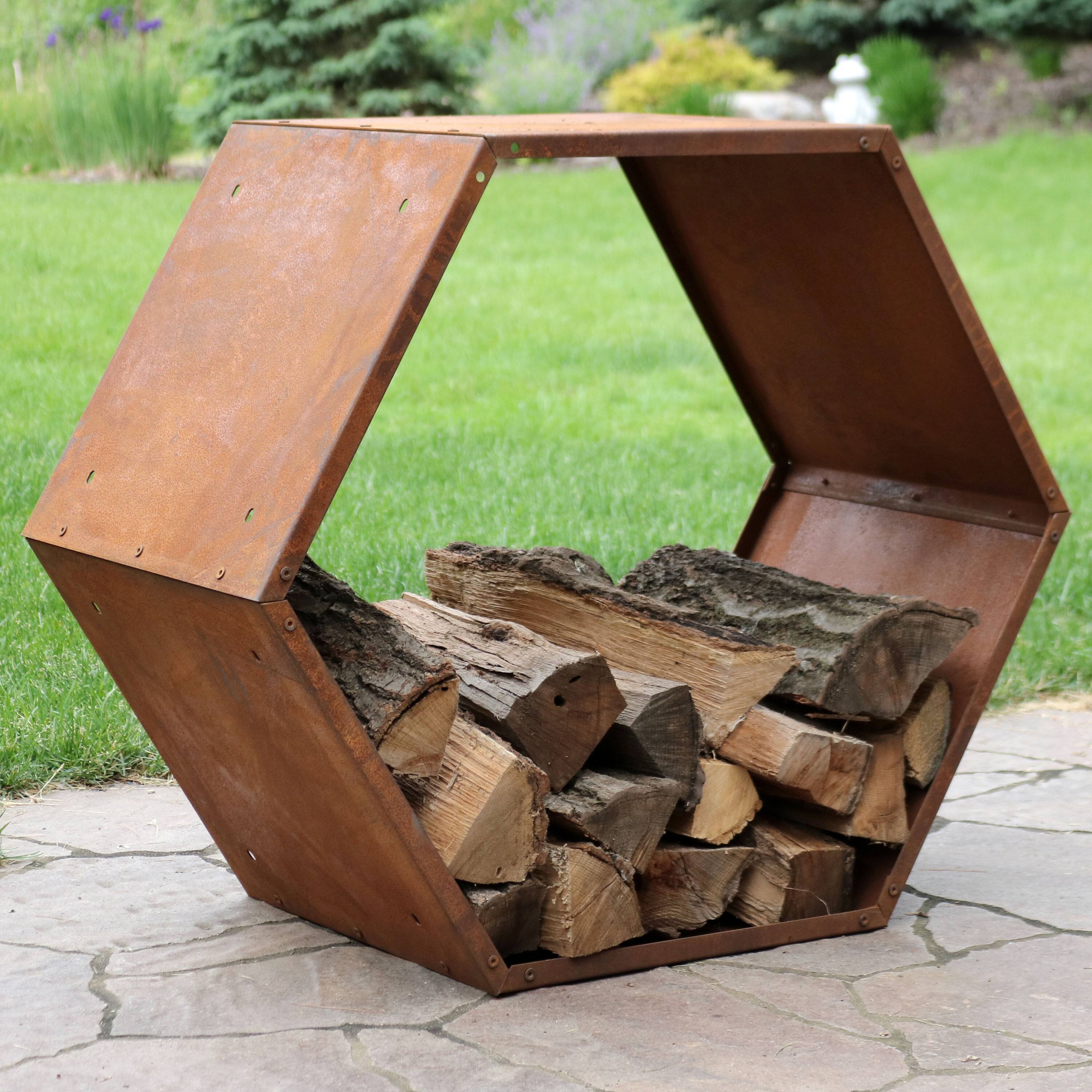 Alt View 1. Sunnydaze - 30 in Hexagon Rustic Honeycomb Firewood Log Rack - Rust - Bronze.