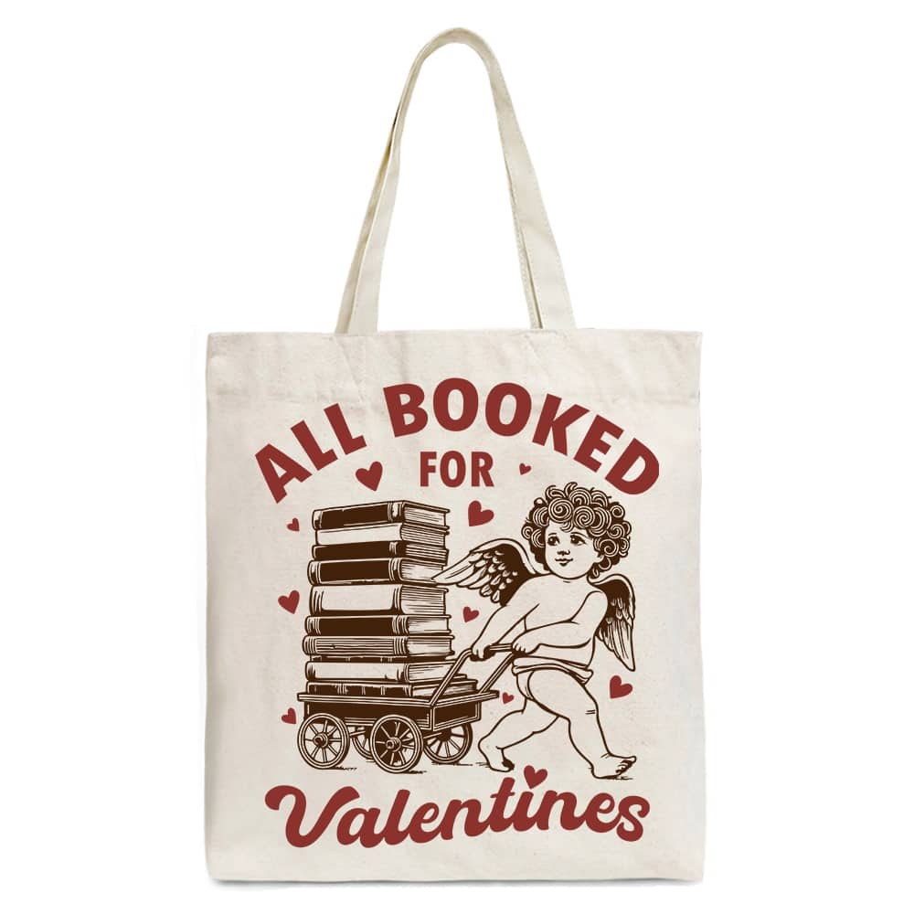 OrnamentallyYou - All Booked For Valentines Cupid Canvas Tote Bag, Vintage Funny Bookworm Gift - Beige