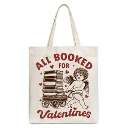 OrnamentallyYou - All Booked For Valentines Cupid Canvas Tote Bag, Vintage Funny Bookworm Gift - Beige