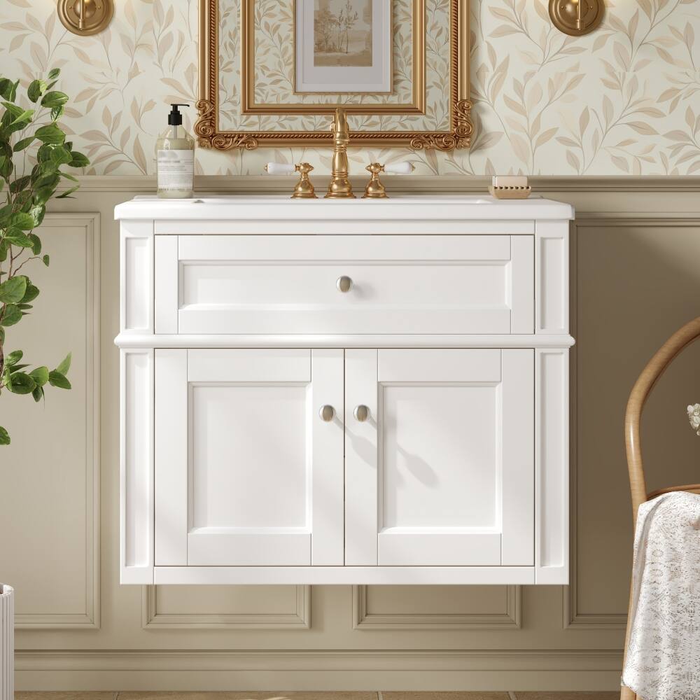 Front. Loheer - Loheer 24 inch Wall Mounted Bathroom Vanity White Floating Vanity with Sink 2 Door - White.