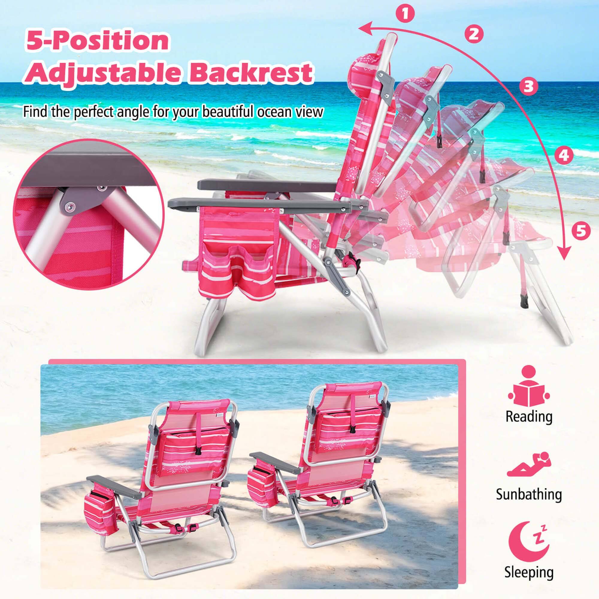 5-Position Adjustable Backrest: Find the perfect angle for your beautiful ocean view. 1. Reading 2. Sunbathing 3. Sleeping 4. Zzz 5.