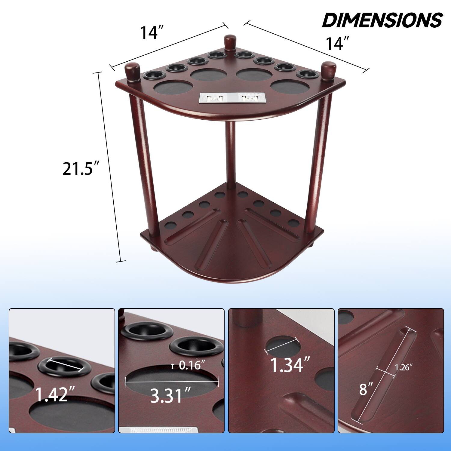 DIMENSIONS, 14", 14", 21.5", 1.42", 0.16", 3.31", 1.34", 8", 1.26"