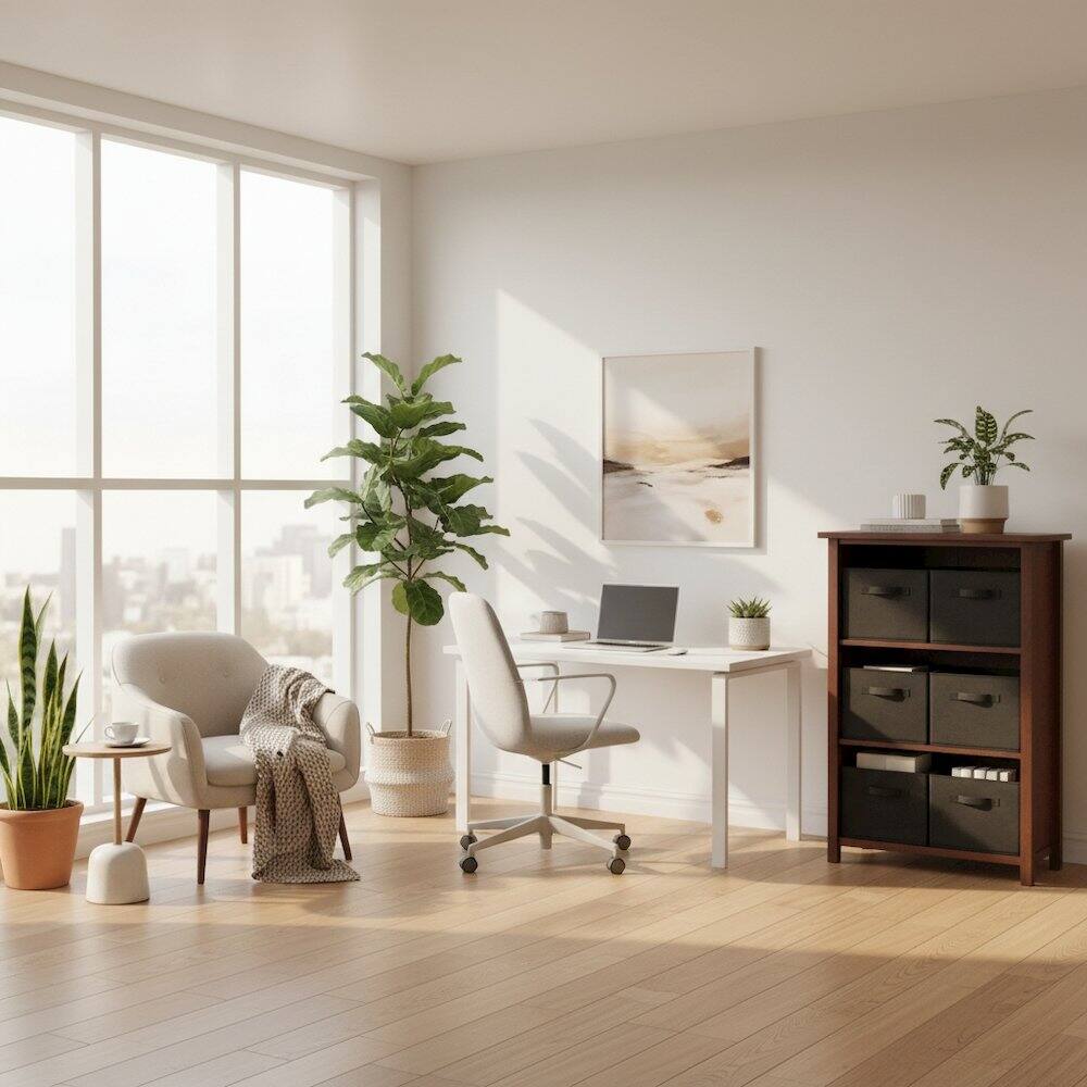 Back. FurniFact - 3-Section Storage Shelf with 6 Foldable Baskets - Walnut.
