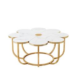 Kadyn - Center Coffee Table, Living Room Table,Modern Coffee Table, Flower-Shaped Center Table with Faux Marble Tabletop - White+Golden