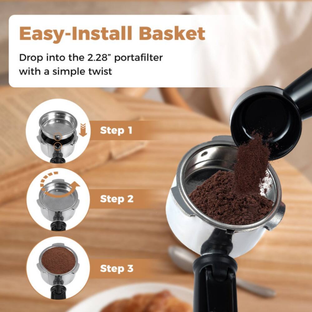 Easy-Install Basket

Drop into the 2.28" portafilter with a simple twist

Step 1

Step 2

Step 3