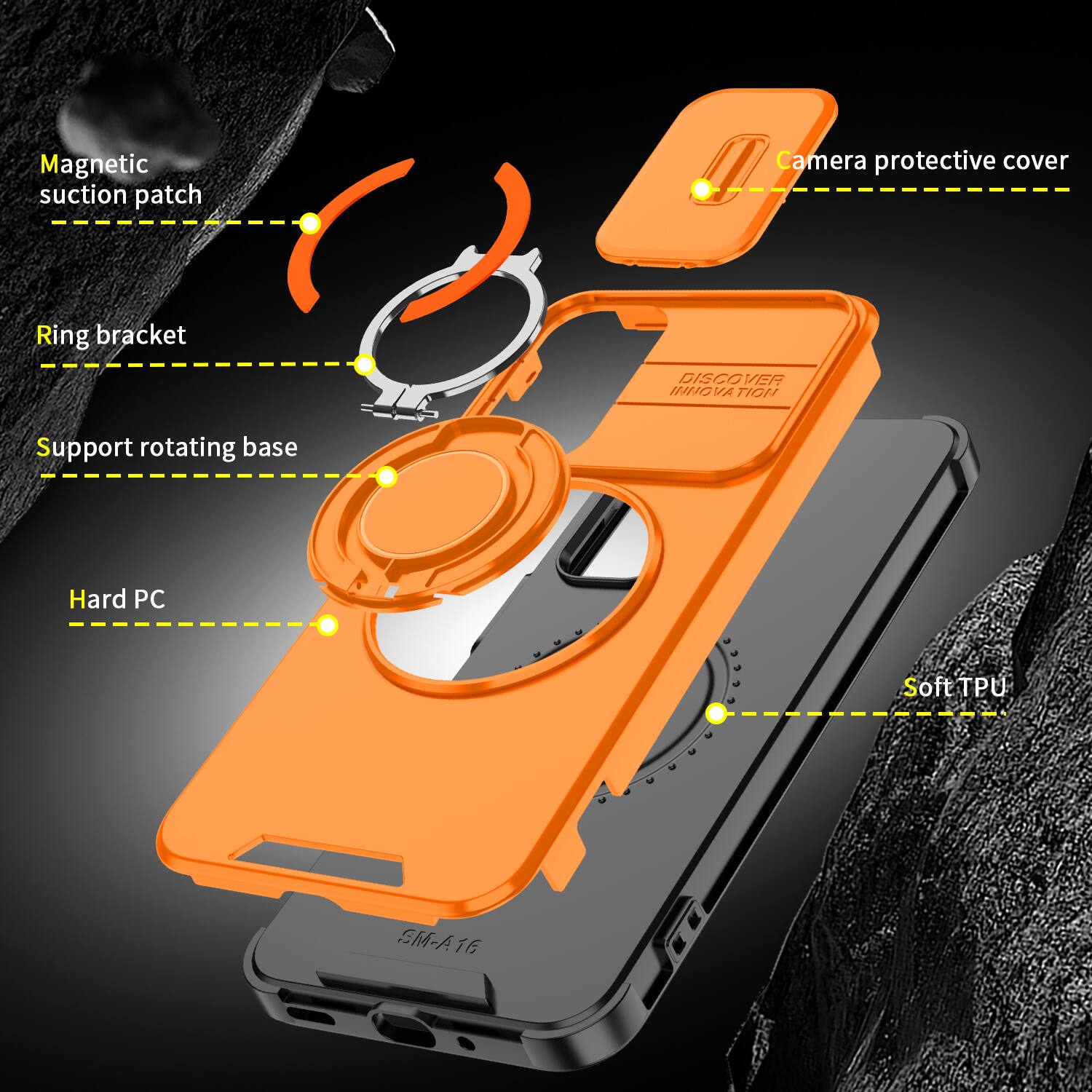 Magnetic suction patch  
Camera protective cover  
Ring bracket  
DISCOVER INNOVATION  
Support rotating base  
Hard PC  
Soft TPU  
SM-A16