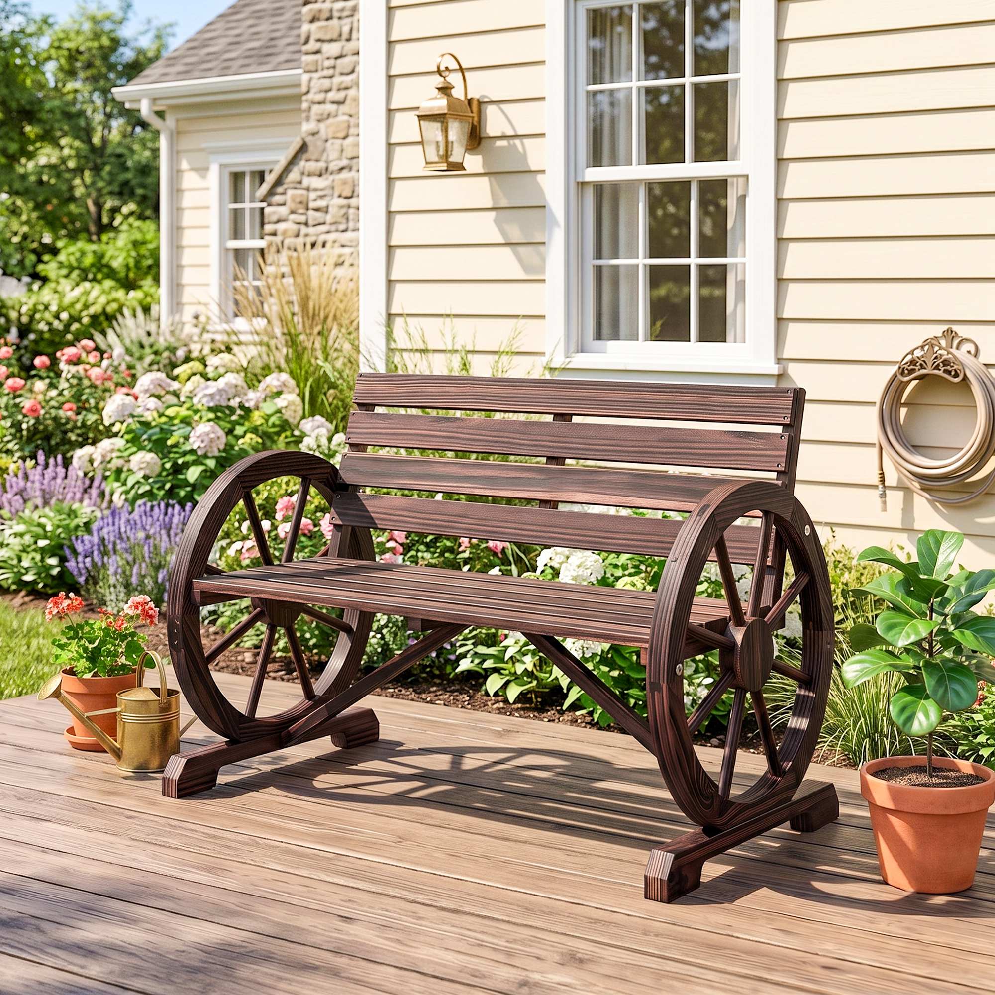 Alt View 1. Outsunny - Wooden Wagon Wheel Bench, Rustic Outdoor Patio Bench Weather Resistance Furniture - Brown.