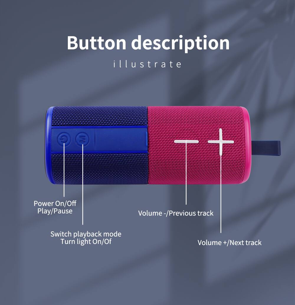 Button description  
illustrate  

- Power On/Off  
- Play/Pause  
- Volume -/Previous track  
- Volume +/Next track  
- Switch playback mode  
- Turn light On/Off