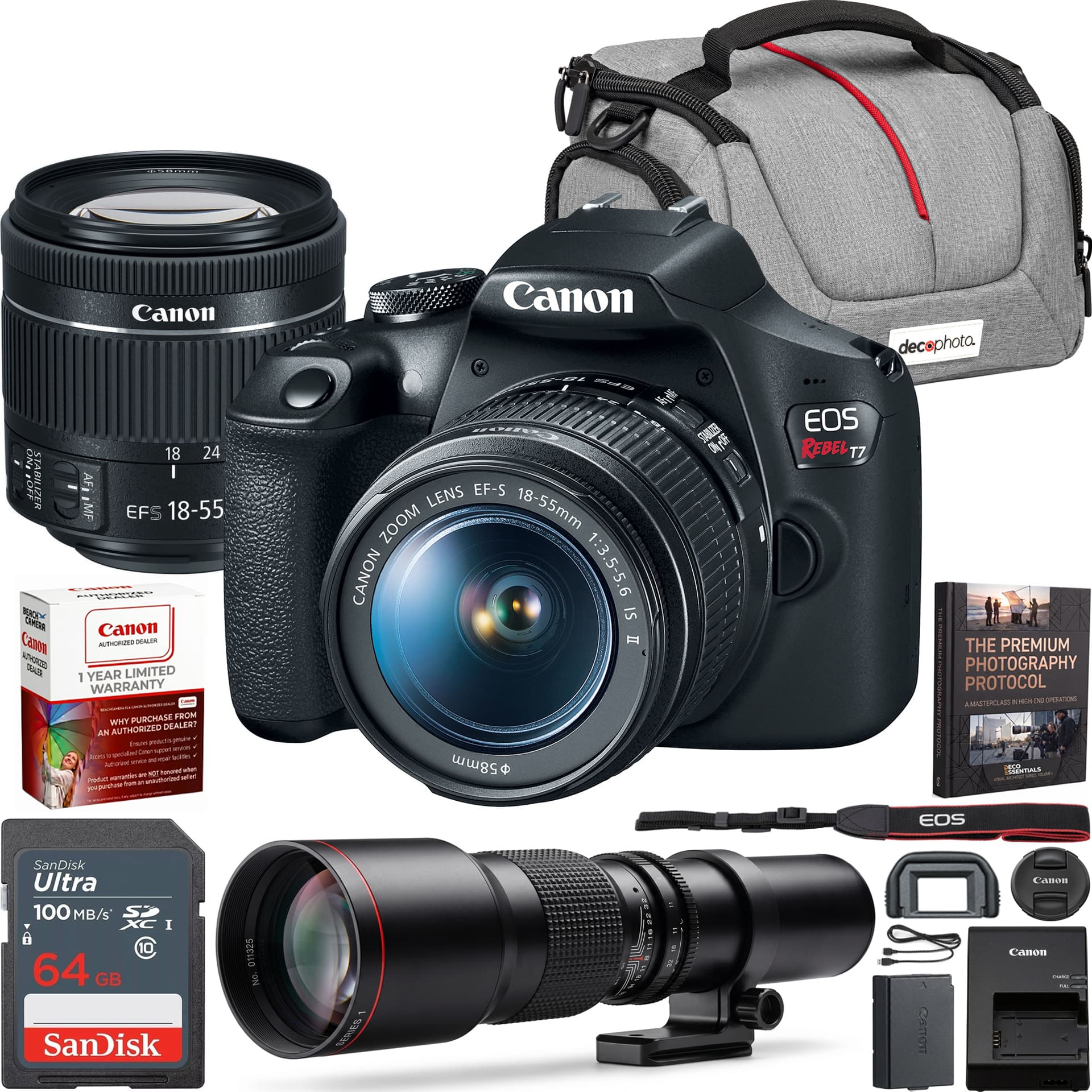 Bundle - Canon - T7 EOS Rebel DSLR Camera EF-S 18-55mm f/3.5-5.6 IS II + 500mm Telephoto Lens Kit