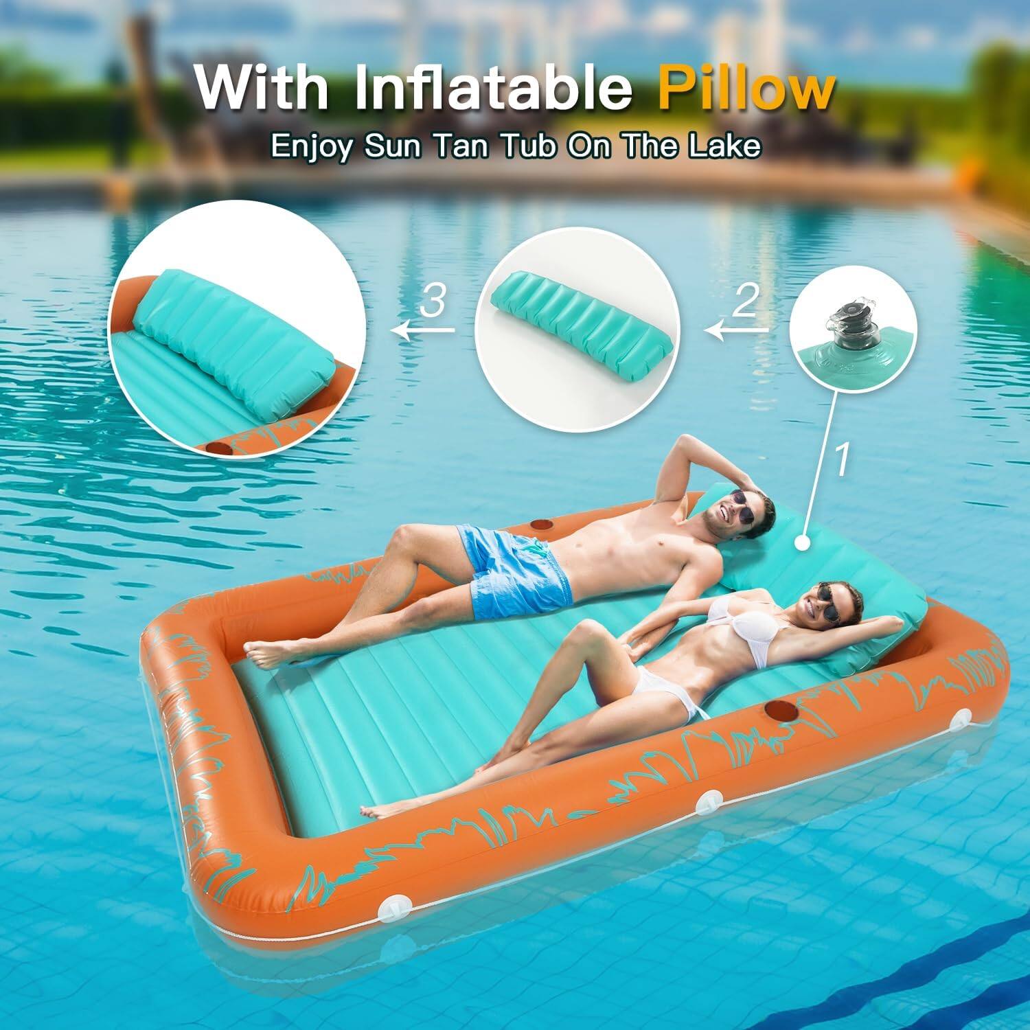 With Inflatable Pillow, Enjoy Sun Tan Tub On The Lake. 3, 2, 1.