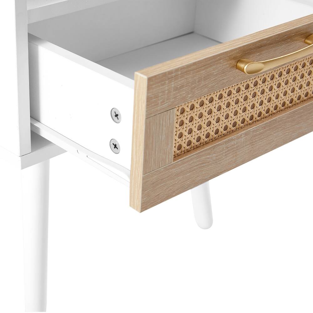 Alt View 10. Loheer - Loheer White Rattan End Table with Drawer Modern Nightstand Solid Wood Legs Bedroom Side Table - White.
