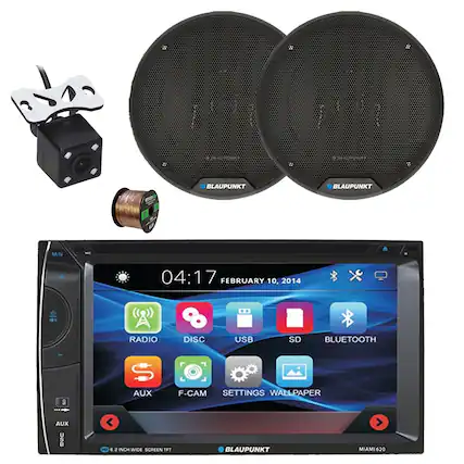 PVE BLAUPUNKT BLAUPUNKT S M/N 04:17 FEBRUARY 10, 2014 RADIO DISC USB SD BLUETOOTH 50 AUX F-CAM SETTINGS WALLPAPER AUX I 6 2 INCH WIDE SCREEN TFT BLAUPUNKT MIAMI620