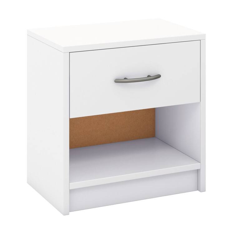 Front. SlickBlue - Compact Nightstand with Drawer and Open Shelf – Bedside Table for Apartment or Guest Room - White.