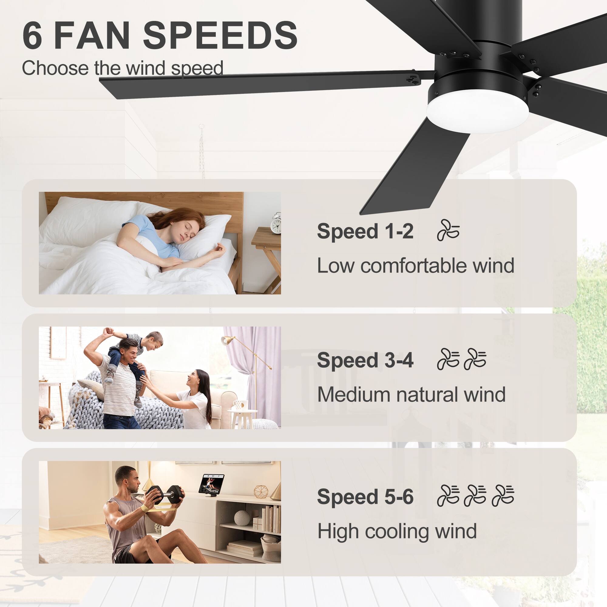 6 FAN SPEEDS  
Choose the wind speed

Speed 1-2  
Low comfortable wind

Speed 3-4  
Medium natural wind

Speed 5-6  
High cooling wind