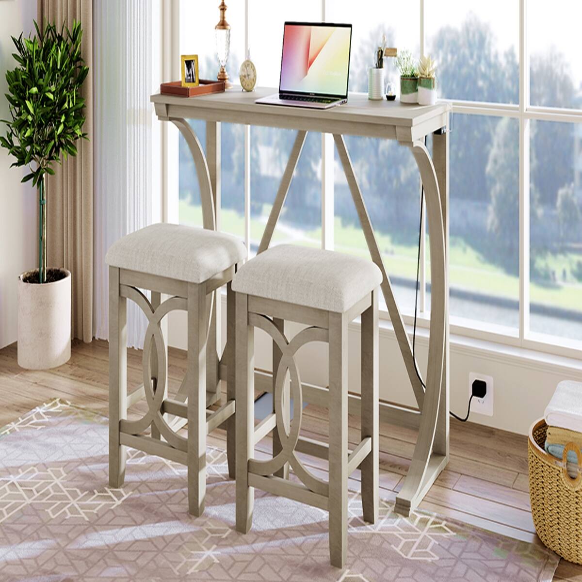 Loheer Farmhouse Counter Height Dining Set with USB and Type C Ports ...