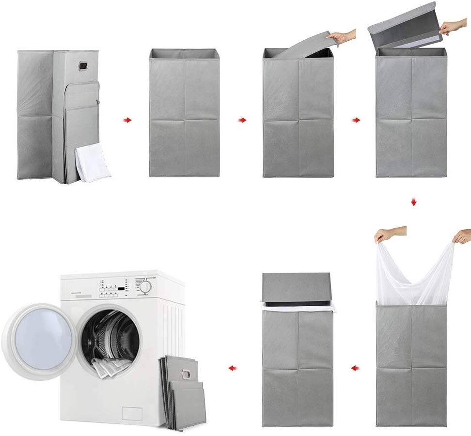 Alt View 2. Oumilen - Light Gray Foldable Laundry Hamper with Lid – Large Collapsible Fabric Clothes Basket for Bathroom - Light Gray.
