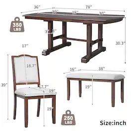 APRILSOUL - 6-Piece Dining Table Set 60inch to 78inch Extendable Table with Removable Leaf 4 Upholstered Side Chair and Bench - Cherry