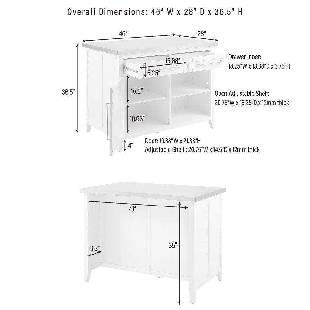 Overall Dimensions: 46" W x 28" D x 36.5" H  
Drawer Inner: 18.25" W x 13.38" D x 3.75" H  
Open Adjustable Shelf: 20.75" W x 16.25" D x 12mm thick  
Door: 19.88" W x 21.38" H  
Adjustable Shelf: 20.75" W x 14.5" D x 12mm thick