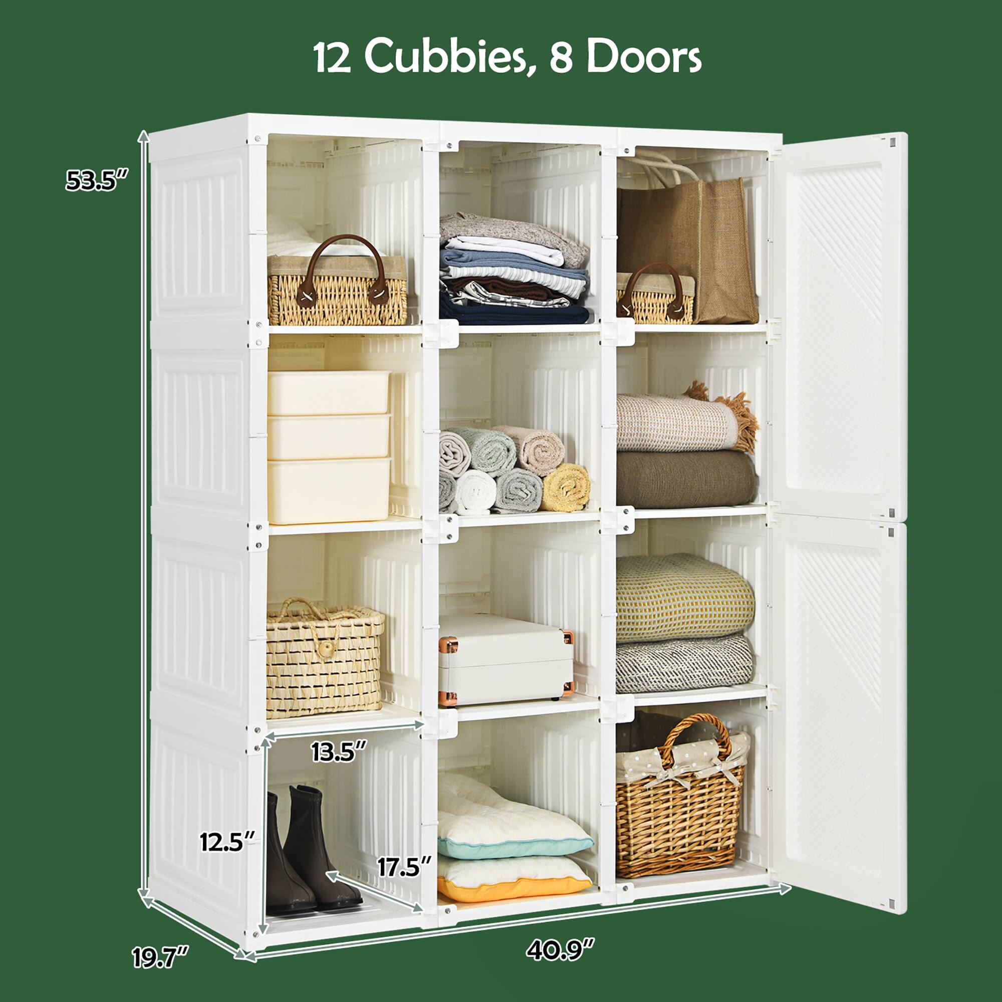 12 Cubbies, 8 Doors

53.5" H

40.9" W

19.7" D

13.5" Shelf Depth

12.5" Cubby Depth

17.5" Cubby Height