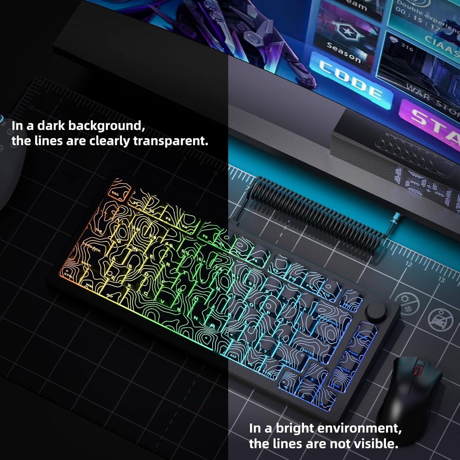 In a dark background, the lines are clearly transparent.

In a bright environment, the lines are not visible.