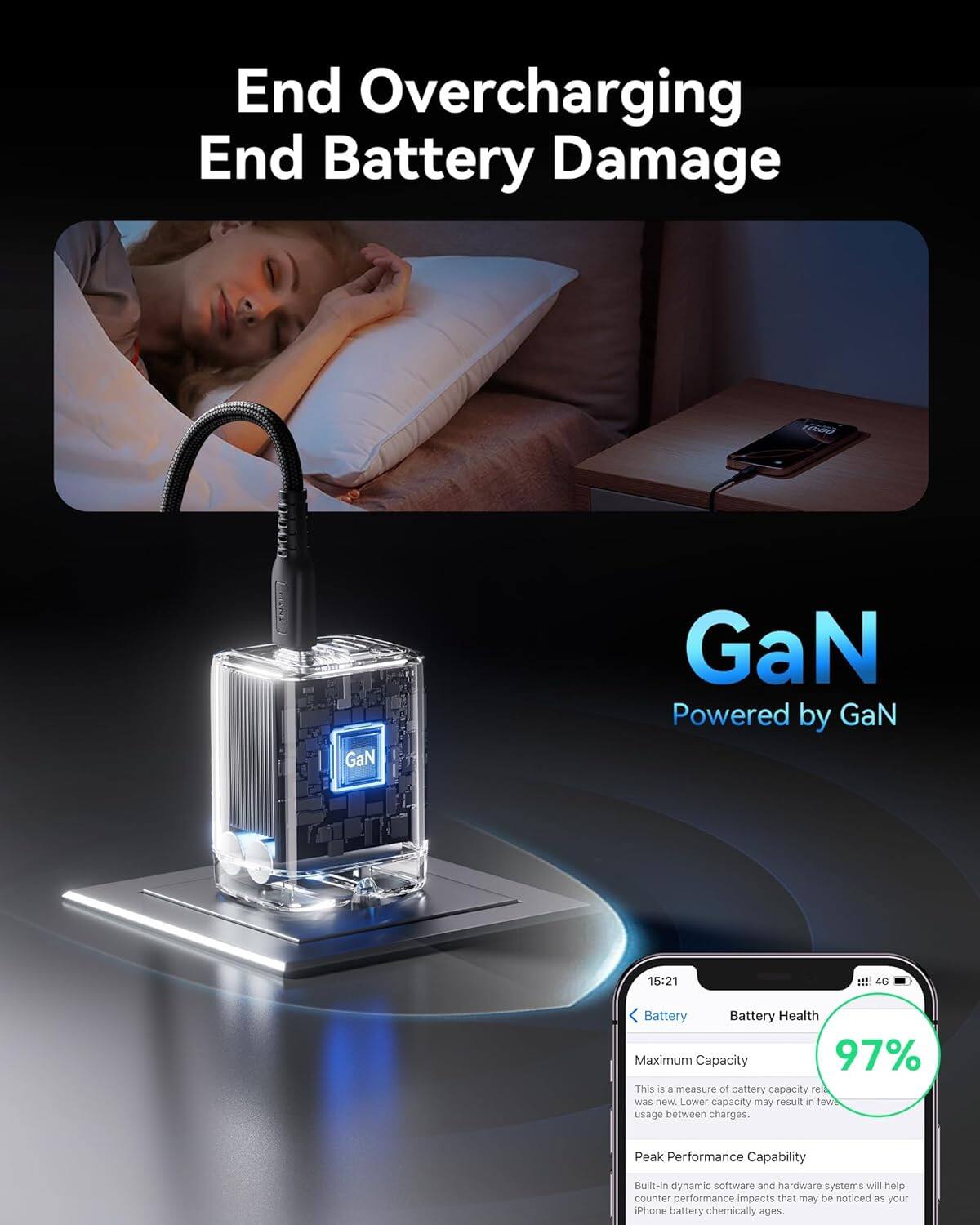 End Overcharging End Battery Damage

GaN
GaN Powered by GaN

15:21
4G
Battery
Battery Health
Maximum Capacity
97%
This is a measure of battery capacity rel was new. Lower capacity may result in few usage between charges.
Peak Performance Capability
Built-in dynamic software and hardware systems will help counter performance impacts that may be noticed as your iPhone battery chemically ages.
