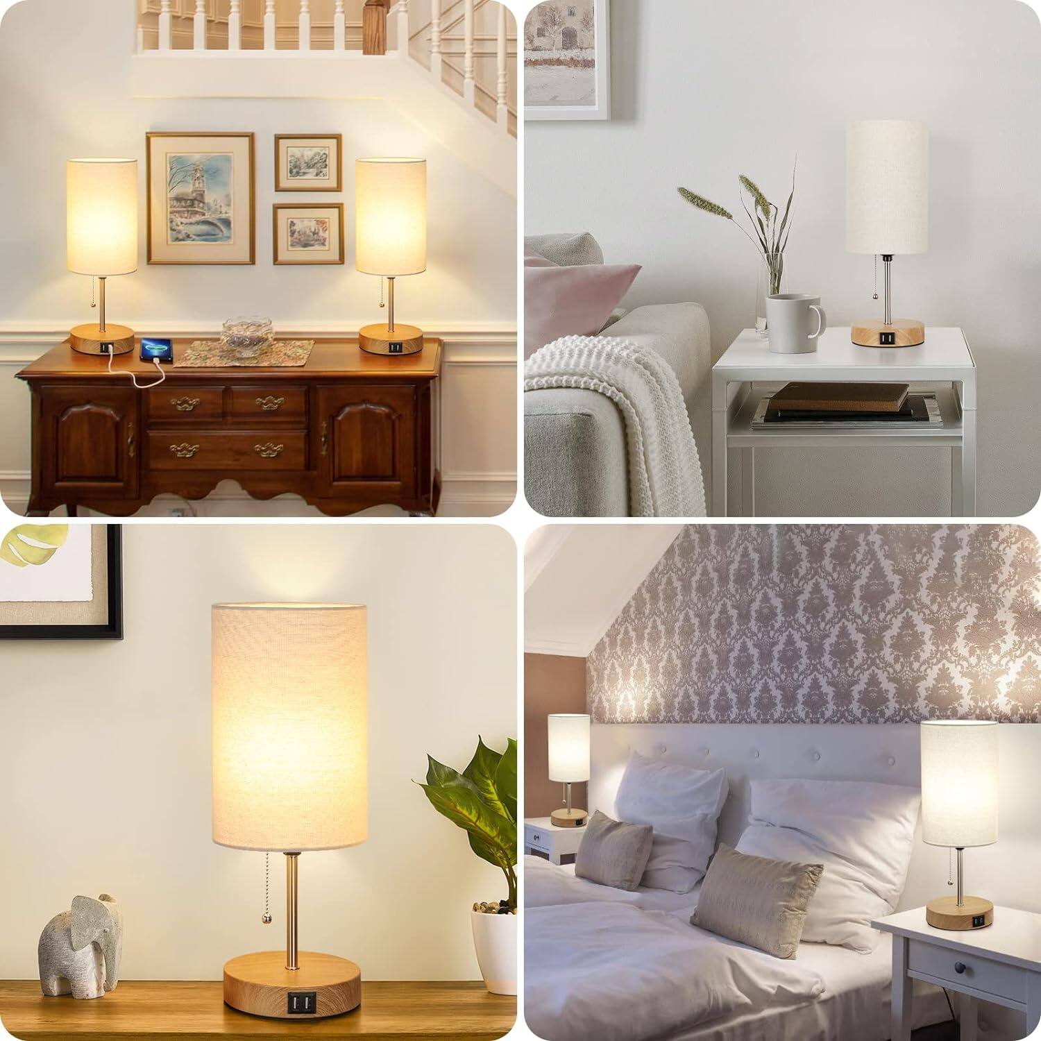 Alt View 4. Nordic Hygge - Set of 2 Modern Table Lamps with USB Ports Pull Chain - multicolor.