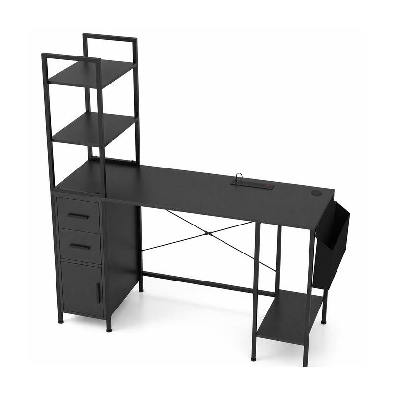 Alt View 4. WELLFOR - 55" Compute Desk with LED Light & Power Outlets, Home Office Desk with Drawers & Open Shelves - Black.