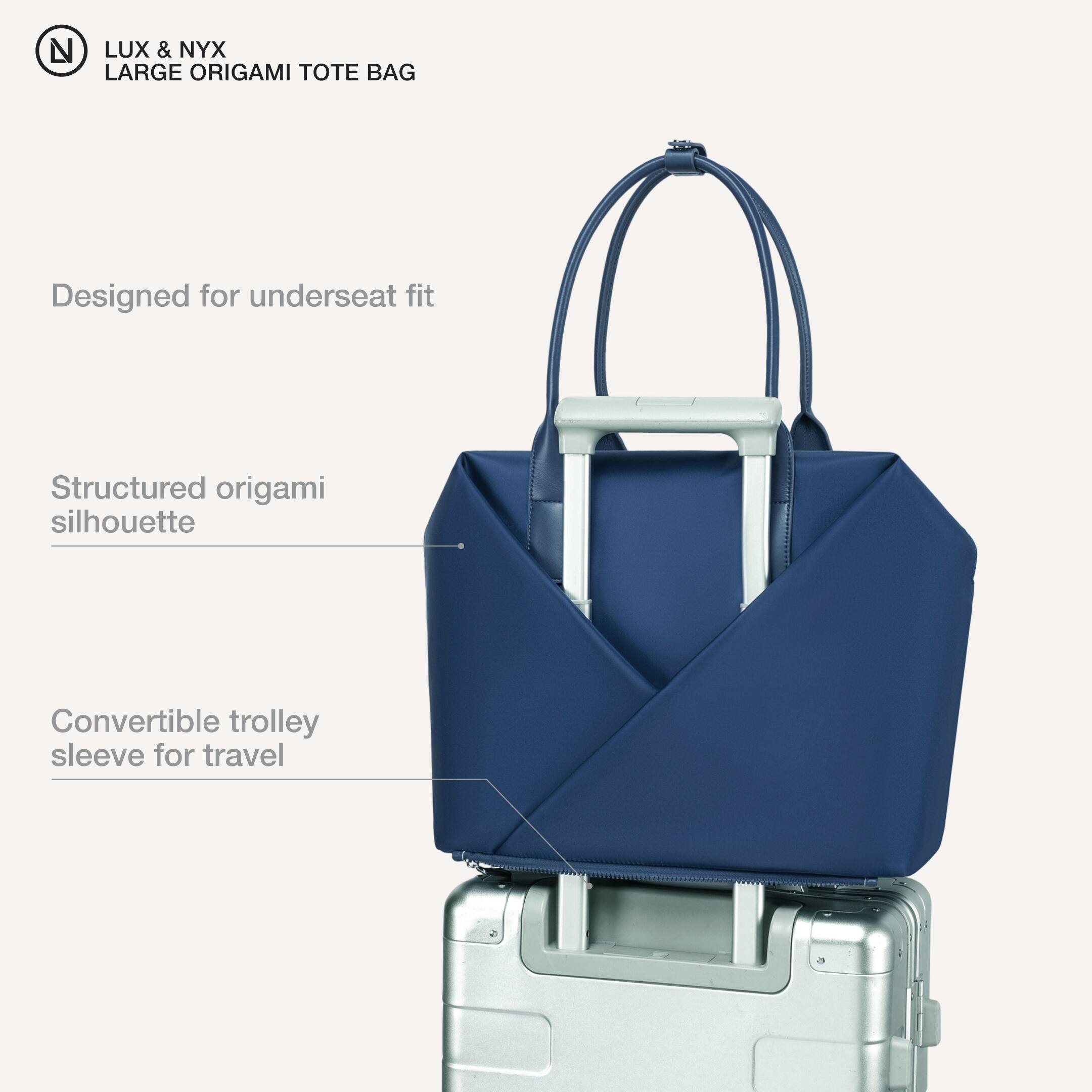 LUX & NYX LARGE ORIGAMI TOTE BAG

- Designed for underseat fit
- Structured origami silhouette
- Convertible trolley sleeve for travel