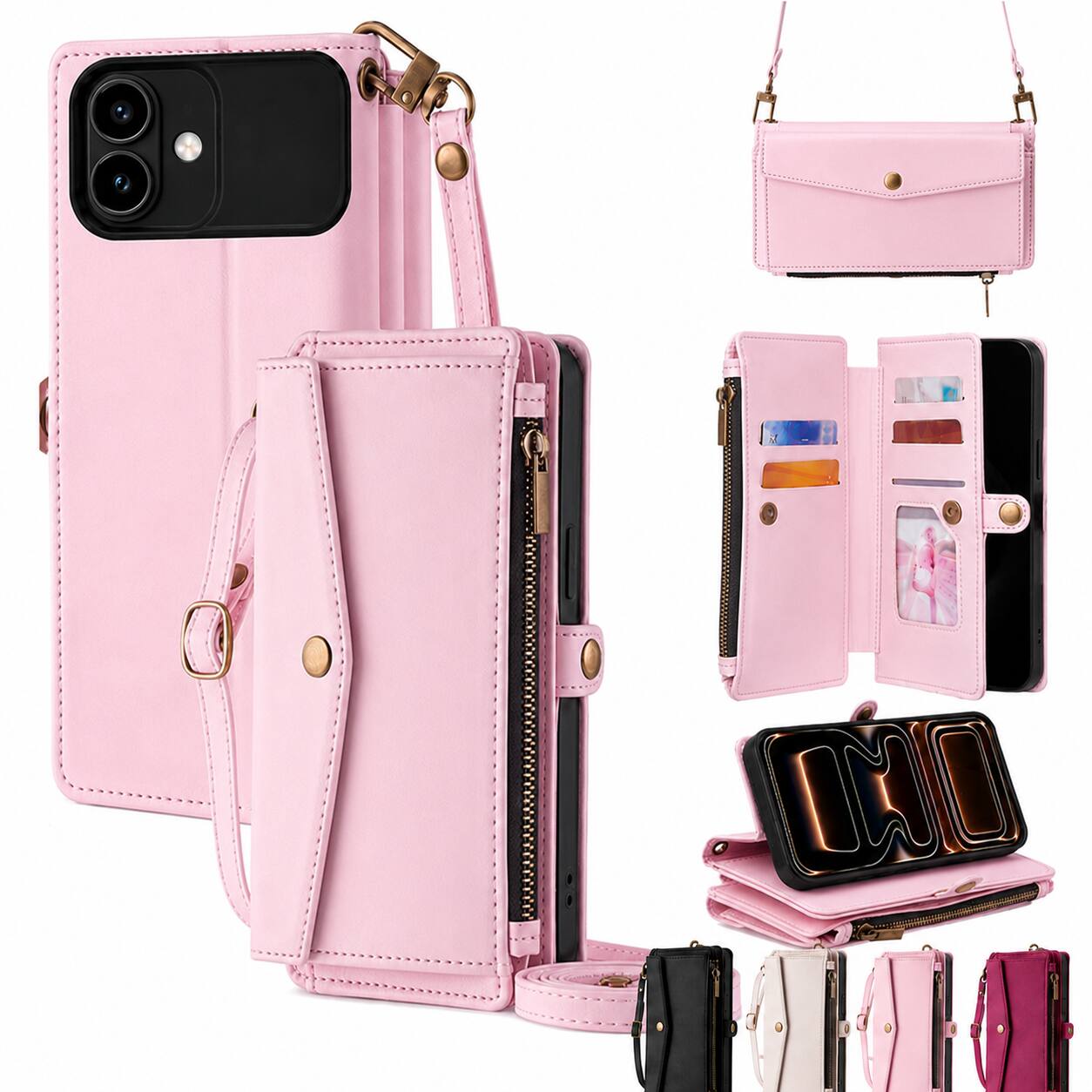 Front. Topteng - 6-in-1 Wallet Case for iPhone 16/16 Plus/16 Pro/16 Pro Max with Wrist & Crossbody Straps, Zipper Pocket, Card Holders - iPhone 16 Pink.