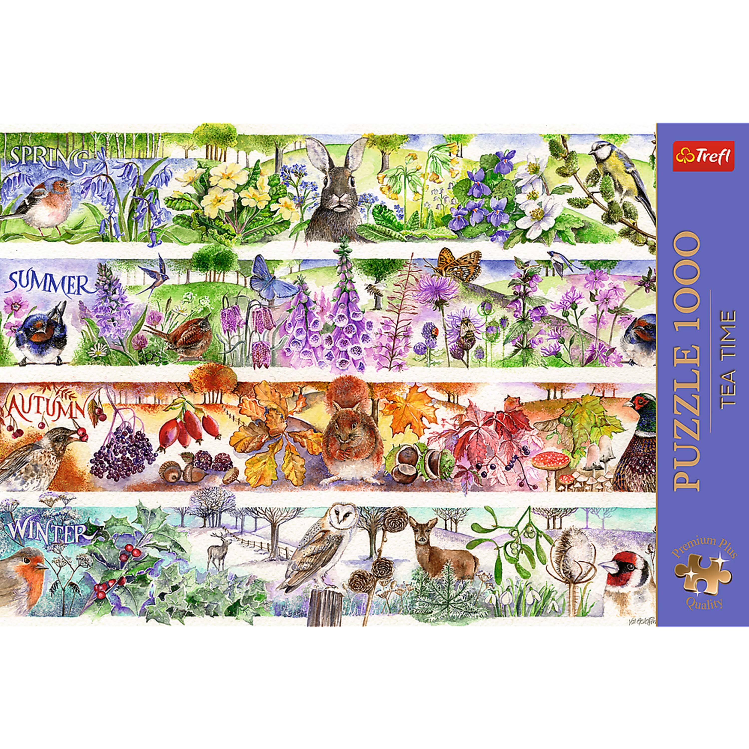 Sure, here is the corrected and grouped text from the image:

---

**SPRING**  
**SUMMER**  
**AUTUMN**  
**WINTER**

**Trefl**  
**PUZZLE 1000**  
**TIME TEA**  
**Premium Plus Quality**

---