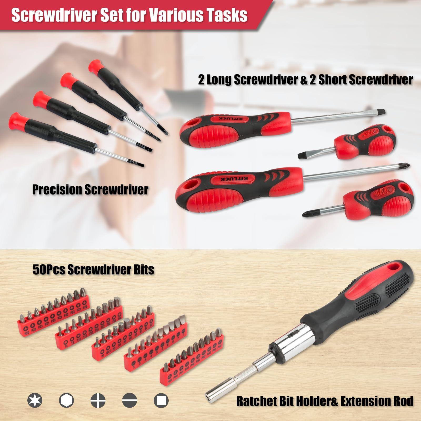 Screwdriver Set for Various Tasks

- 2 Long Screwdriver & 2 Short Screwdriver
- Precision Screwdriver
- 50Pcs Screwdriver Bits
- Ratchet Bit Holder & Extension Rod