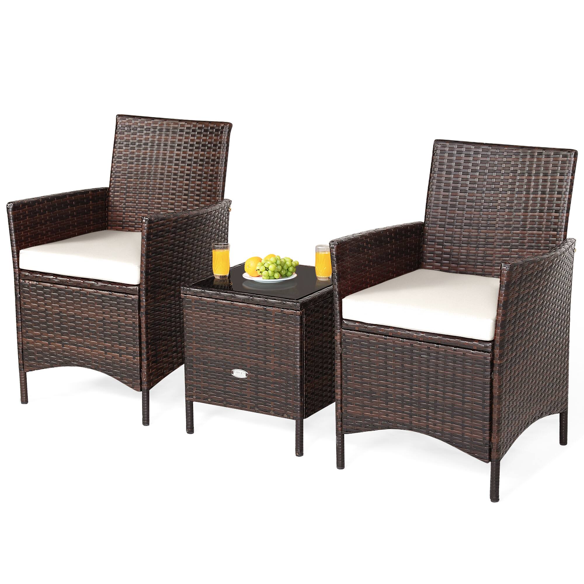 Alt View 8. Gymax - Gymax 3PCS Outdoor Rattan Conversation Set Patio Furniture Set w/ White Cushions - White.