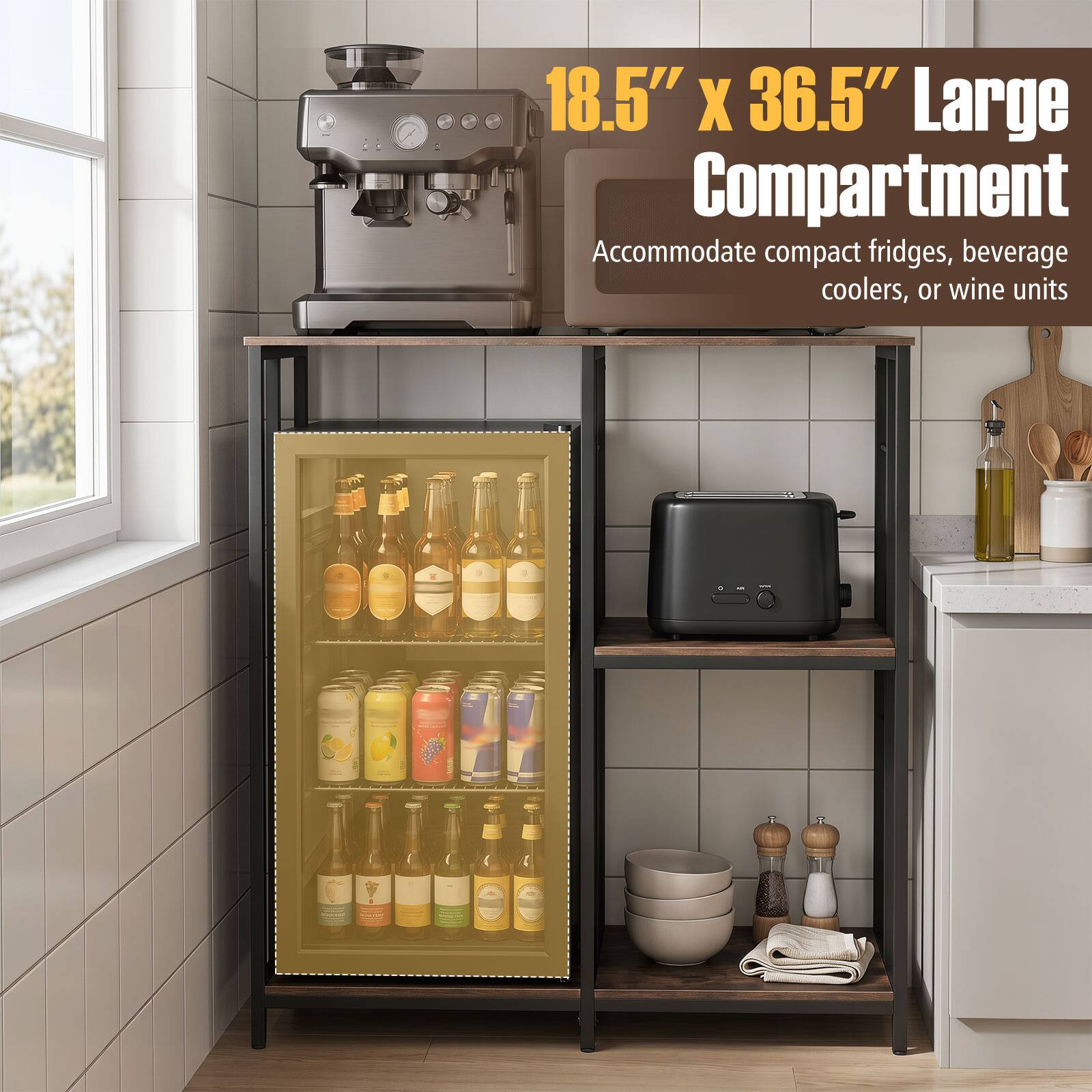 18.5" x 36.5" Large Compartment  
Accommodate compact fridges, beverage coolers, or wine units