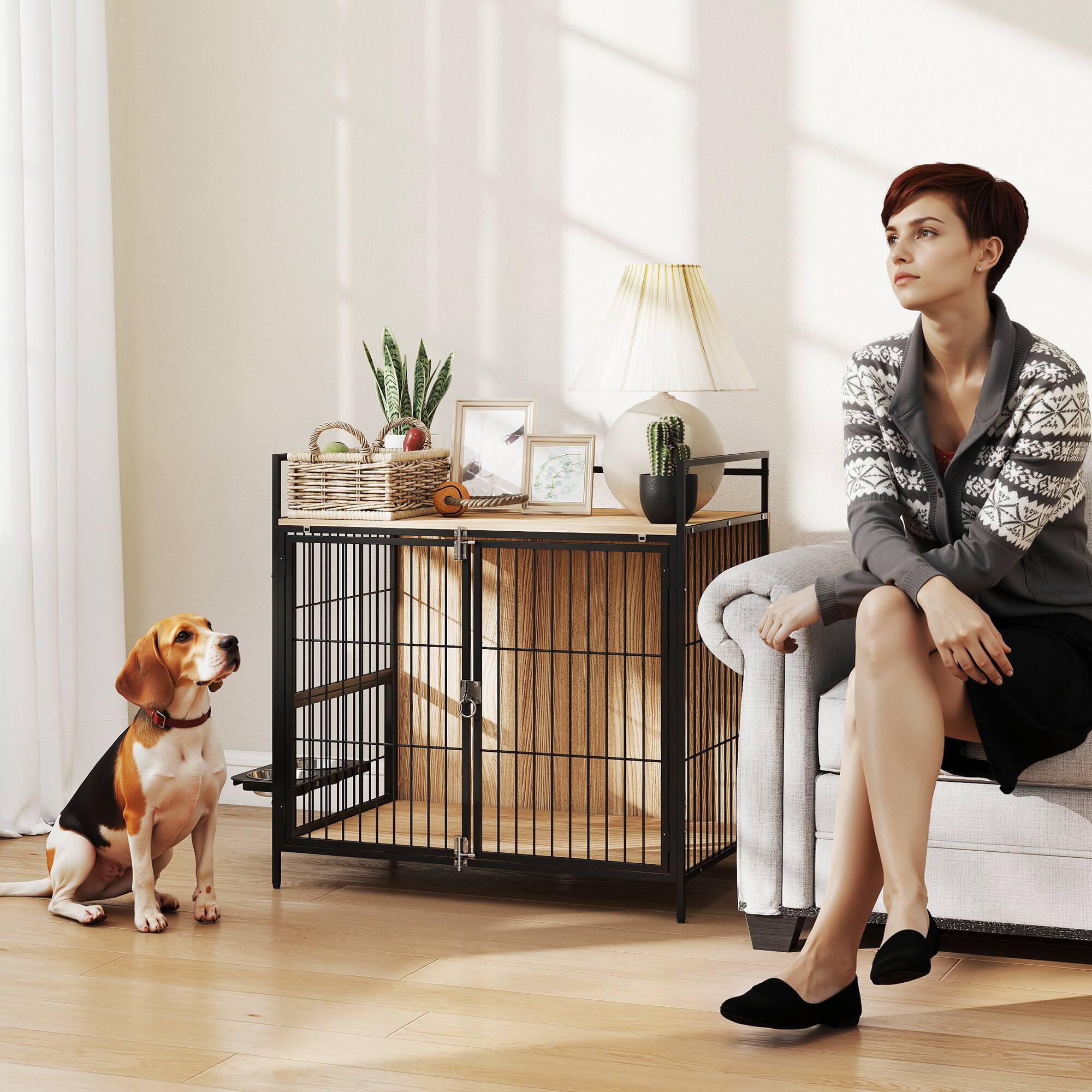 Angle. Pawhut - Dog Crate Furniture, Rotating Bowls, 30" End Side Table, 2 Anti-Escape Doors, Top Storage, Indoor Medium Dogs.