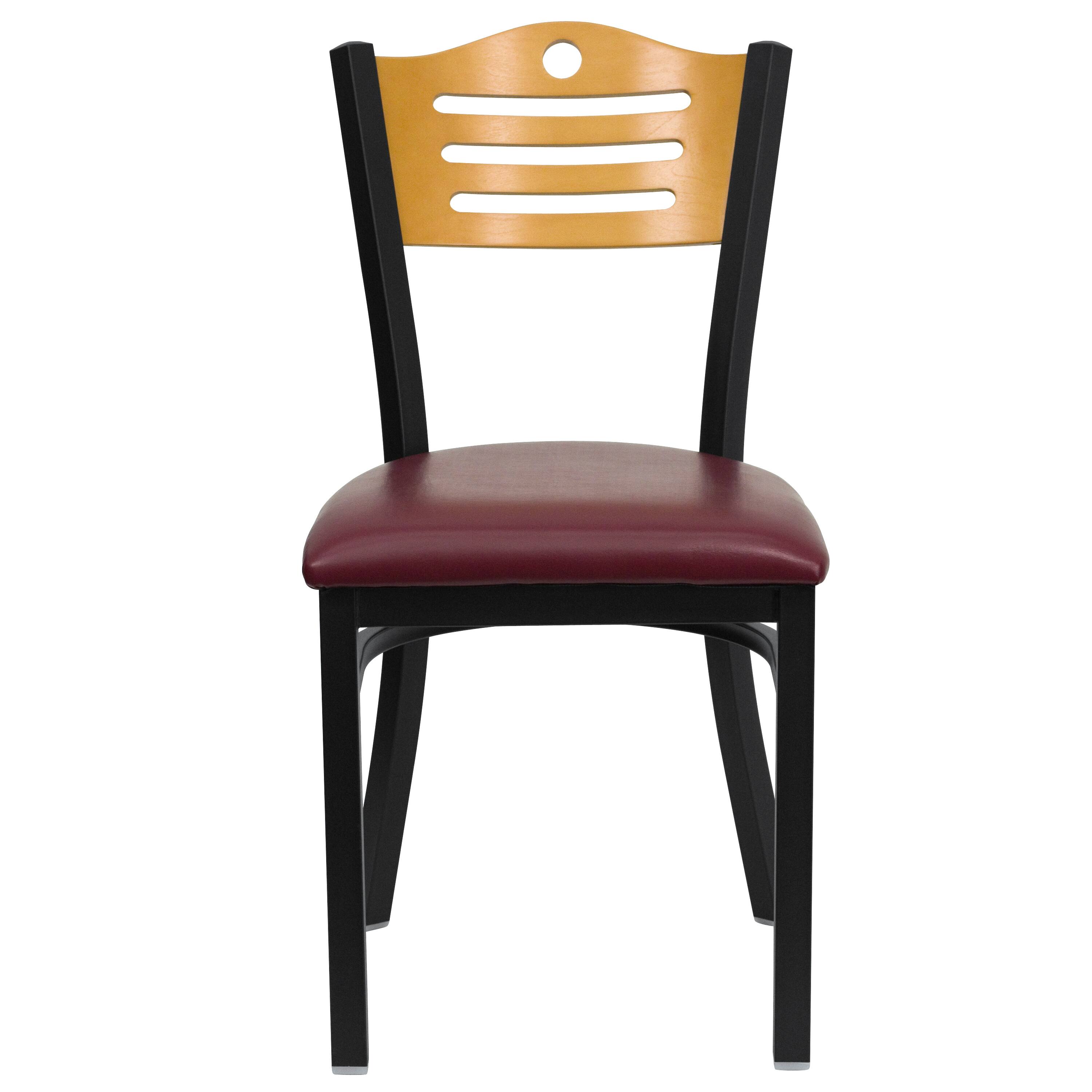 Alt View 5. Emma + Oliver - Slat Back Metal Restaurant Dining Chair - Natural Wood Back/Burgundy Vinyl Seat/Black Metal.