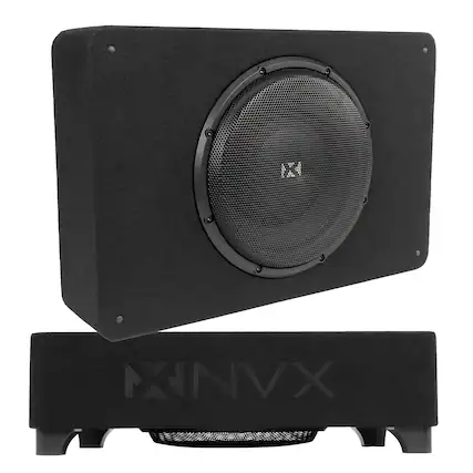 Front. NVX - BXSQ112 1200W Peak (600W RMS) Sealed 2-Ohm Loaded Enclosure with Single 12in S-Series Shallow-Mount Subwoofer.