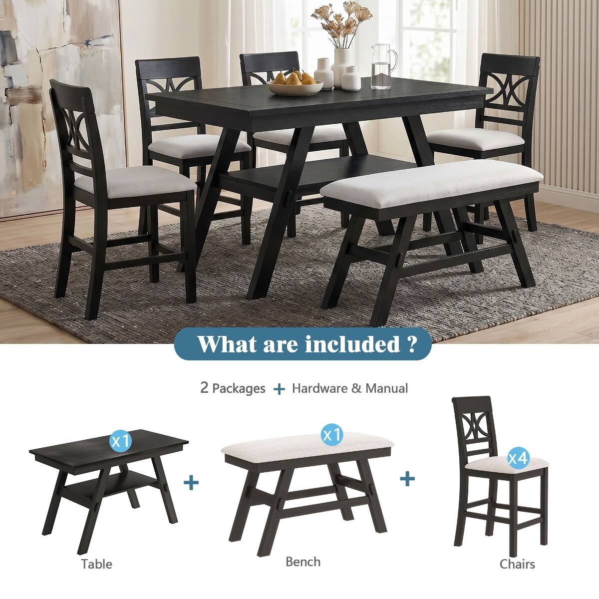What are included?

2 Packages + Hardware & Manual

X1 Table
X1 Bench
X4 Chairs