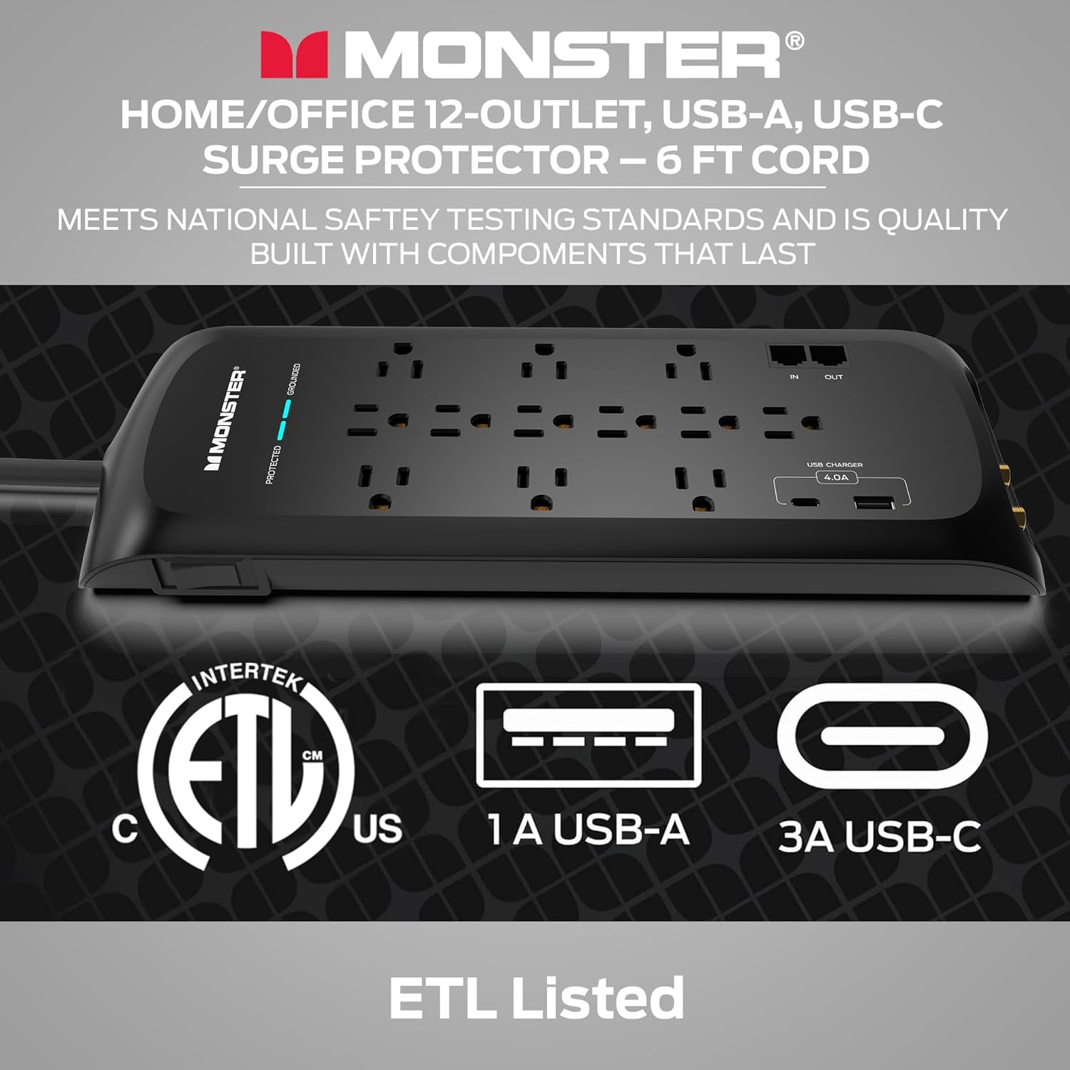 The text on the image is grouped and corrected as follows:

"Monster Home/Office 12-Outlet, USB-A, USB-C Surge Protector - 6 FT Cord
Meets National Safety Testing Standards and is Quality Built with Components that Last. Contains Monster Protected - AIA Intertek CM ETL US 1 A USB-A, USB-C ETL Listed."