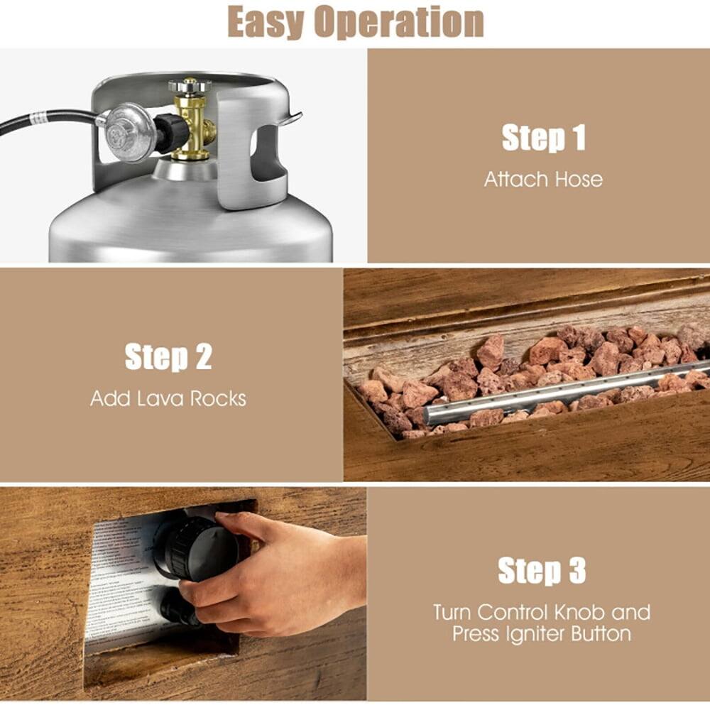 Easy Operation

Step 1  
Attach Hose

Step 2  
Add Lava Rocks

Step 3  
Turn Control Knob and Press Igniter Button