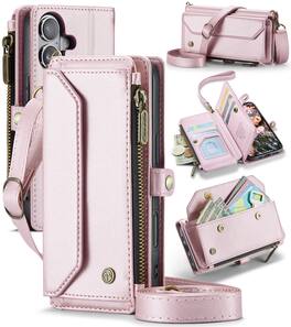 Dteck - Crossbody Wallet Case for Apple iPhone 17 with Card Slots and Zipper Pocket, Shockproof RFID Blocking PU Leather Cover - Pink