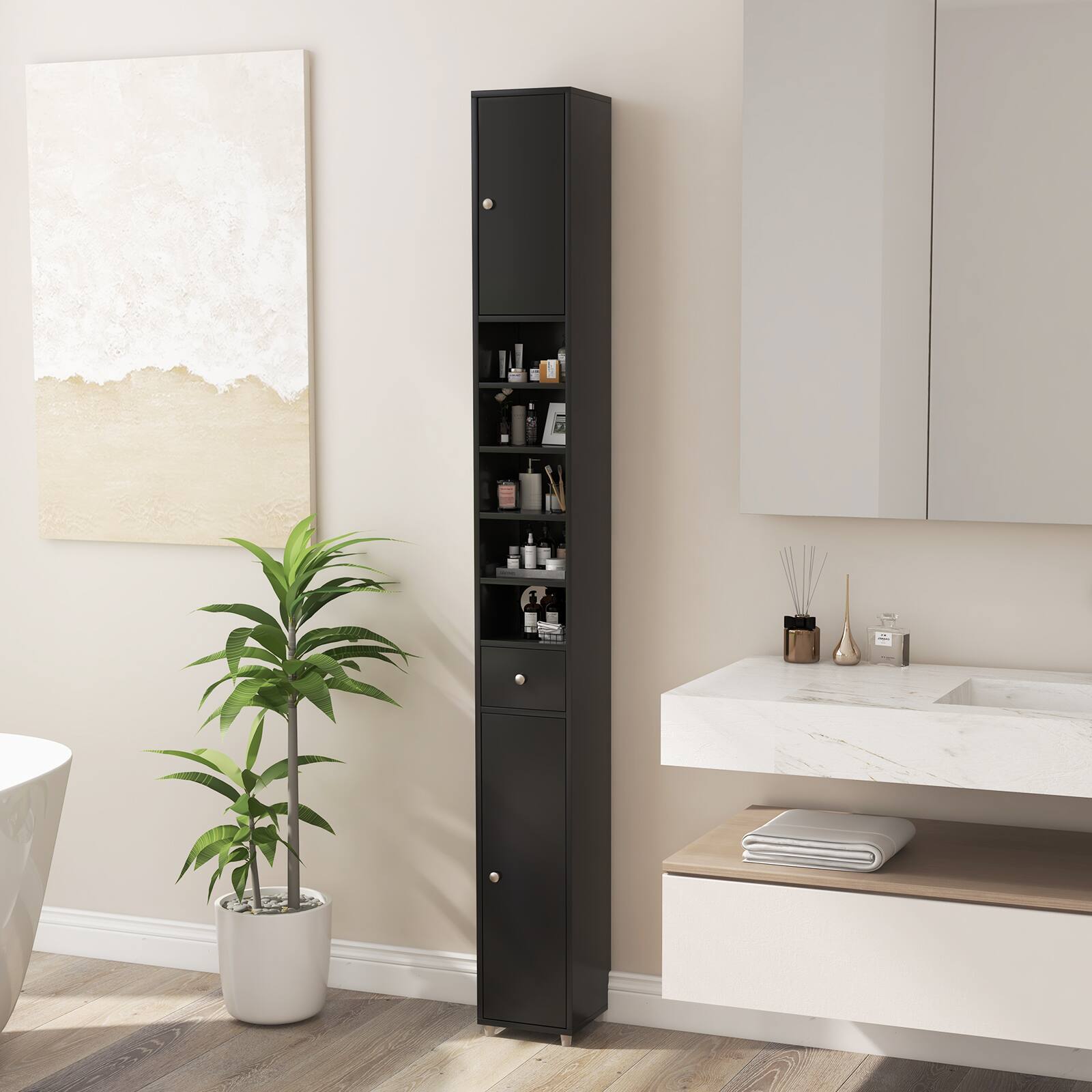 Alt View 1. Ecooso - Freestanding Slim Bathroom Cabinet with Drawer and Adjustable Shelves - Black.