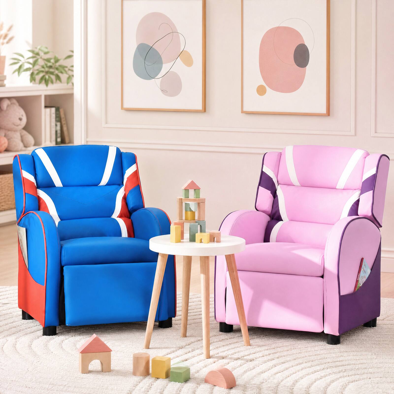 Alt View 5. Costway - Kids Recliner Chair Gaming Sofa PU Leather Armchair w/Side Pockets Blue - Blue.
