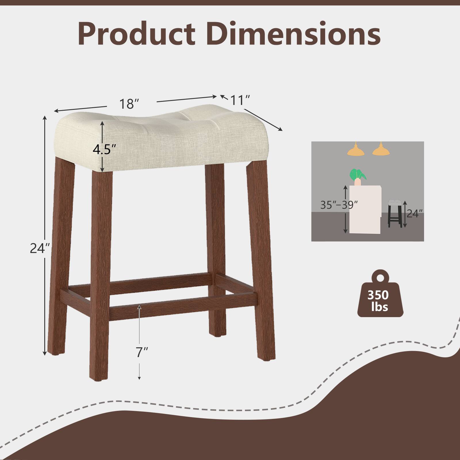 Product Dimensions:  
18" W x 11" D x 4.5" H  
24" H  
35"-39" H  
7"  
350 lbs