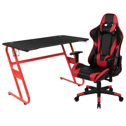 Front. Emma + Oliver - Desk Bundle-Gaming Desk, Cup Holder, Headphone Hook and Reclining Chair - Red.