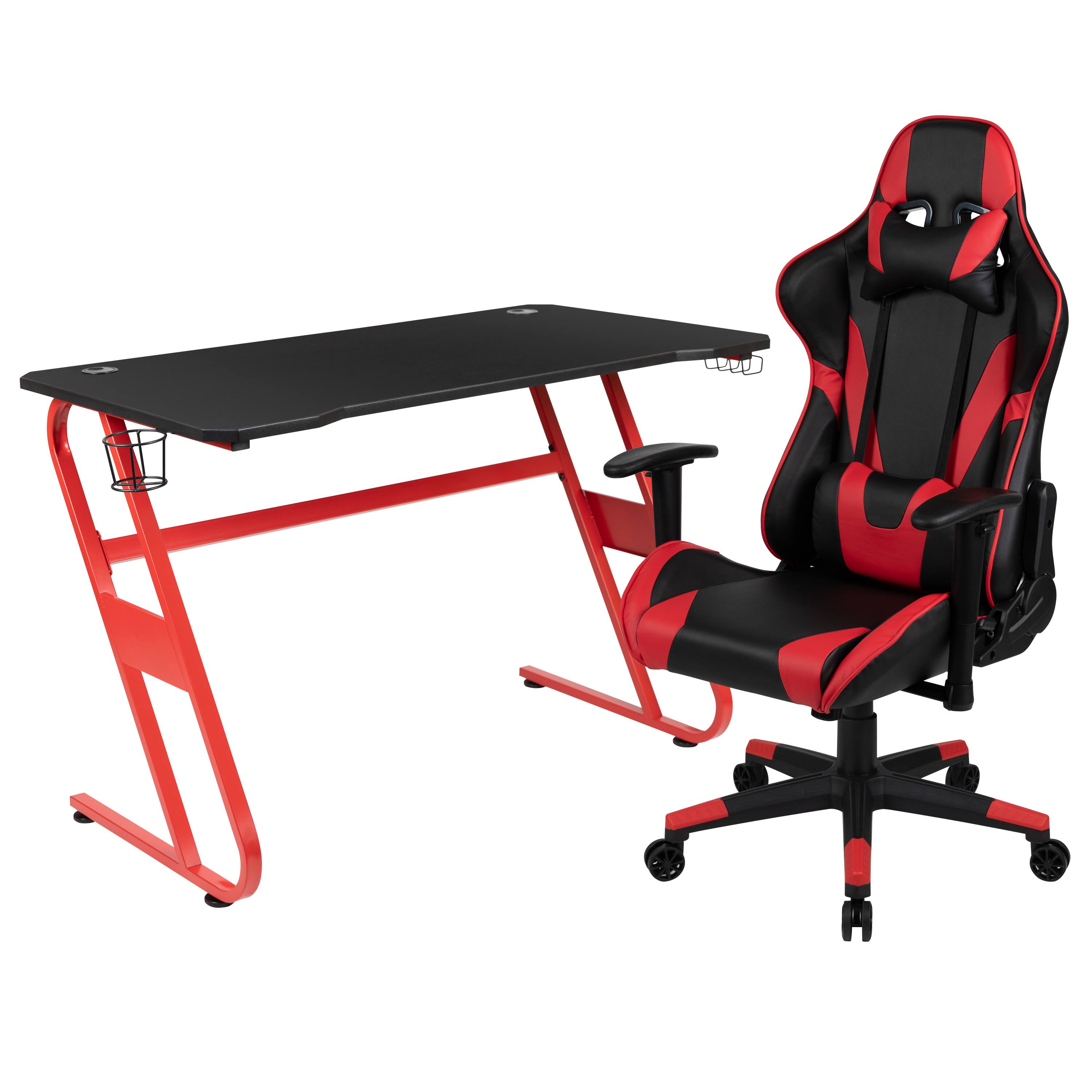 Front. Emma + Oliver - Desk Bundle-Gaming Desk, Cup Holder, Headphone Hook and Reclining Chair - Red.